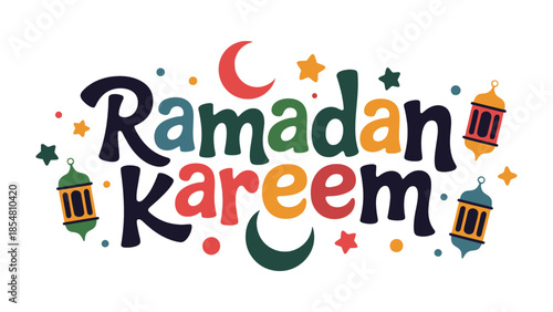 Ramadan Kareem: A festive and vibrant graphic design celebrating the holy month of Ramadan, featuring traditional lanterns, crescent moons, and stars, exuding warmth and joy.