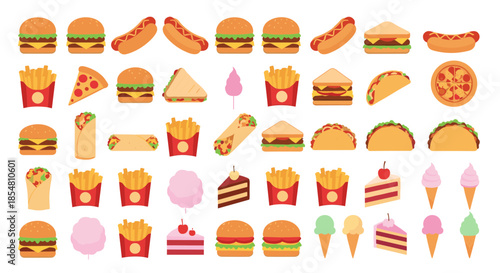 Flat fast food vector illustration set with burgers pizza fries and desserts isolated on white background