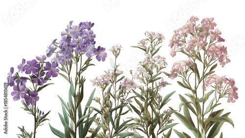 Wallpaper Mural A beautiful watercolor illustration of various flowering plants in shades of purple and pink, set against a white background. Torontodigital.ca