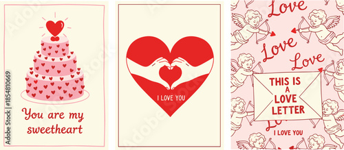 Valentine card set, romantic love messages, sweetheart celebration design, cute heart graphics, flat style art, cad drawing flat vector illustration