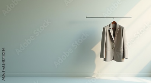 Suit hanging on a clothes rack in a room