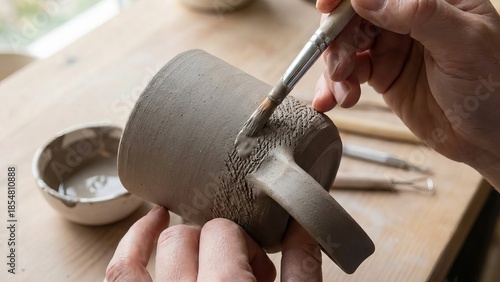 Hands holding an unglazed, textured ceramic mug, applying liquid glaze with a brush, symbolizing craftsmanship, creativity, and the detailed process of pottery making