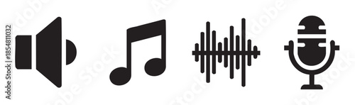 Audio and music icons representing various sound related functions and media for digital interfaces, applications, and web design elements.