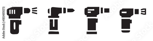 Power tools icons set featuring various types of drills and drivers, essential equipment for construction, home improvement, and DIY projects.