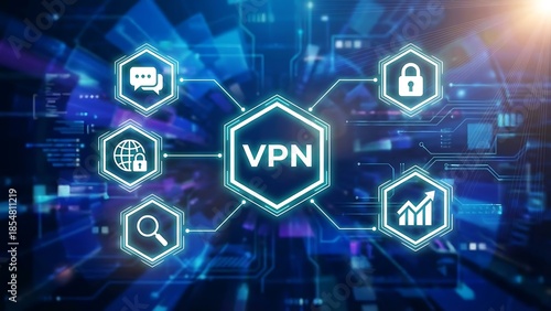 Digital network security concept featuring a central vpn hub connected to icons representing encryption communication global access search and performance growth in blue tones