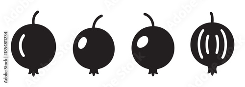 Four black silhouette gooseberry icons with stems and distinct bottoms are arranged horizontally, representing various small fruits or berries in a simple, graphic style.