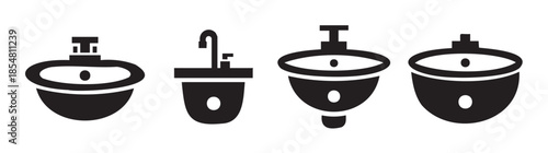Simple graphic black and white icons depicting essential bathroom fixtures such as a toilet, sink, and bidet, suitable for plumbing and hygiene designs.