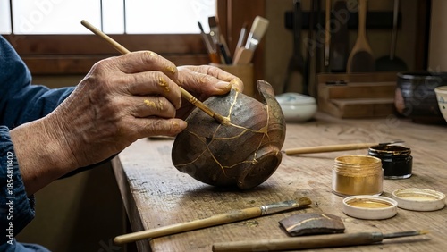 Hands of an artisan performing kintsugi, carefully applying gold lacquer to repair the cracks of a broken pottery bowl, embracing the philosophy of wabi-sabi at a workshop desk
