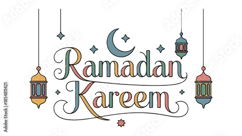 Ramadan Kareem Illustration: Captivating illustration with crescent moon and ornamental lanterns, invoking the spirit of Ramadan Kareem.