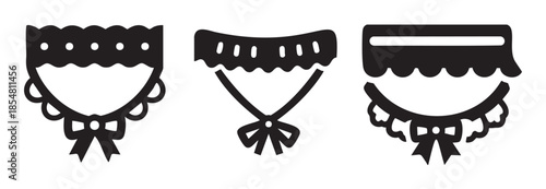 Decorative baby bibs with bows and lace details, presented as a charming collection of cute black and white graphic icons for various design projects.
