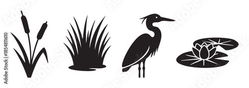 Wetland plants and animals silhouettes create a collection of natural icons representing marsh and pond life in a simple, elegant black and white vector illustration.