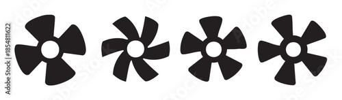 Four black fan blades icons are arranged horizontally, symbolizing air movement, ventilation, and cooling in a clean, minimalist graphic design.