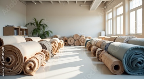 Several rolls of fabric are lined up on a table