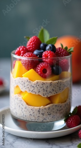 Glass of fruit pudding with a spoon of berries