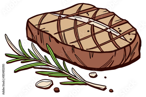 luxury realistic flat illustration of grilled steak, juicy meat texture with subtle grill marks, balanced highlights and shadows, elegant flat realism style, premium Western cuisine artwork