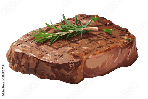 luxury realistic flat illustration of grilled steak, juicy meat texture with subtle grill marks, balanced highlights and shadows, elegant flat realism style, premium Western cuisine artwork