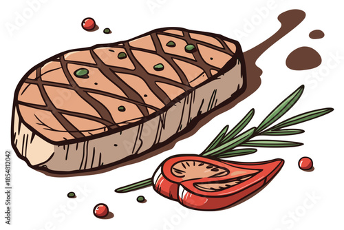 luxury realistic flat illustration of grilled steak, juicy meat texture with subtle grill marks, balanced highlights and shadows, elegant flat realism style, premium Western cuisine artwork