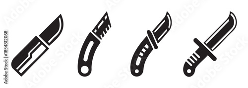 Four distinct knife vector icons showcasing various blade designs and handle styles, perfect for military, outdoor, or utility-related graphic design projects and applications.