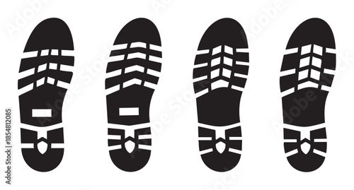 Four black shoe sole prints with distinct tread patterns are arranged vertically, illustrating different types of footwear and their unique impressions.