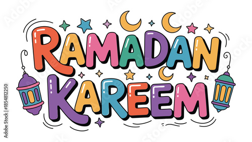 Ramadan Kareem: A festive and vibrant graphic design celebrating the holy month of Ramadan, featuring colorful typography, lanterns, stars, and crescent moons.