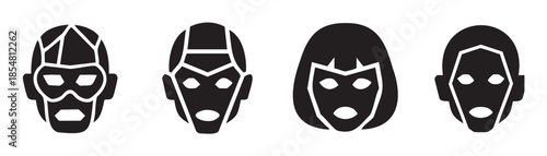 Four stylized robot heads feature geometric shapes and futuristic designs, representing artificial intelligence, technology, and diverse digital avatars in a modern illustration.