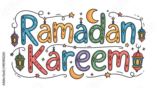 Ramadan Kareem Illustration: Colorful illustration celebrating the holy month of Ramadan with hand-drawn lettering, crescent moons, lanterns, and stars.