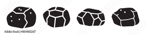 Four abstract black graphic rocks with white lines and dots illustrate a collection of natural elements or geological formations in a simple, modern style.