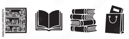 Books, bookshelf, open book, stack, shopping bag icons representing reading, education, and knowledge in a minimalist black and white vector style.