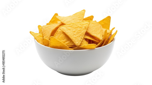 Golden yellow tortilla chips in a bowl isolated PNG, crunchy snack food for parties and gatherings on transparent background