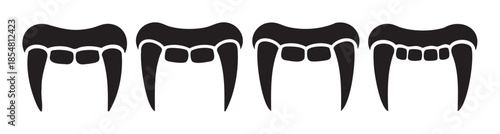 Four black vampire fangs with sharp teeth and gums are arranged horizontally, creating a spooky and minimalist Halloween illustration.