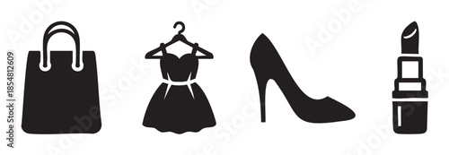 Shopping fashion and beauty accessories are depicted as minimalist black vector icons, representing consumerism, elegance, and personal style in a clean, graphic illustration.