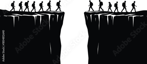 Black and white vector illustration, divided groups of people walking on cliff edges, symbolic separation, teamwork challenge, metaphor of social division, unity gap