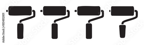 Four black paint rollers arranged in a row are simple graphic icons representing essential tools for home improvement, renovation, and creative artistic endeavors.