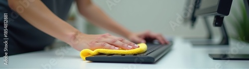 Someone cleaning a computer keyboard with a yellow cloth