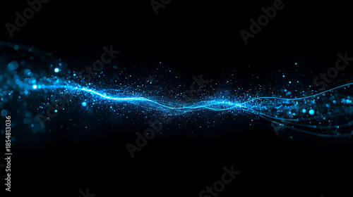 Glowing blue light trail with particles on black background