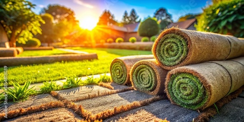 Fresh Spring Lawn Installation: Laying Rolled Turf on Sunny Day
