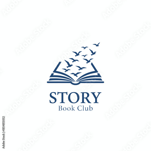 Elegant navy blue logo for "STORY Book Club" featuring an open book with birds flying out, symbolizing imagination, freedom, and literary escap