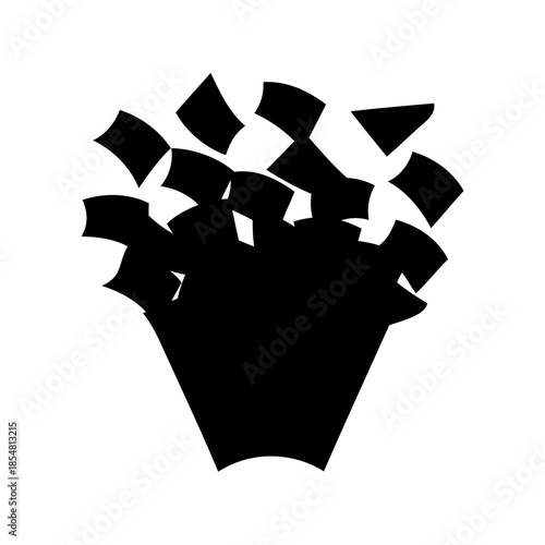 Overstuffed trash can with overflowing paper, in monotone black and white