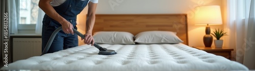 Man using a vacuum to clean a mattress in a bedroom