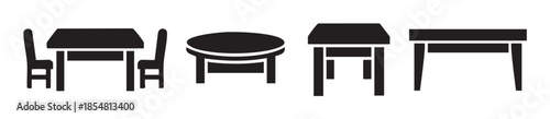 Collection of various tables and chairs furniture icons in a minimalist black silhouette style, representing different pieces for home or office.