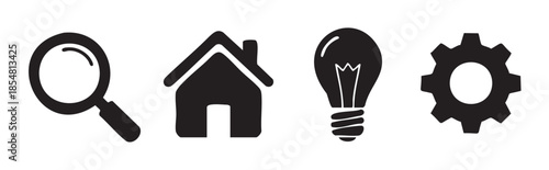 Magnifying glass, house, light bulb, gear icons arranged horizontally, symbolizing essential concepts for business, technology, and daily life.