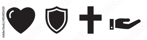 Heart shield cross hand icons are a collection of simple black graphic symbols representing fundamental concepts of love, protection, faith, and giving.