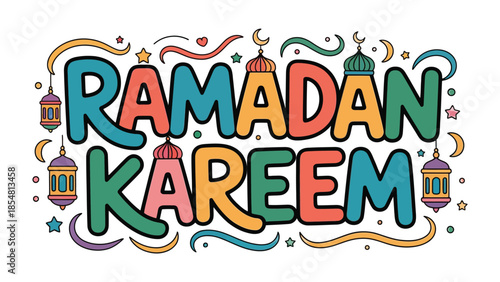 Ramadan Kareem Illustration: Festive and colorful illustration of the Ramadan Kareem celebration, showcasing lanterns, crescent moons, and stars in a visually rich composition.