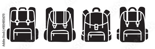 Four different black and white backpack icons representing various styles of travel, school, and outdoor adventure bags, perfect for web design and educational resources.