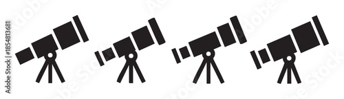 Four black telescope icons on tripods are depicted in a simple, clean vector illustration, symbolizing astronomy, exploration, and scientific discovery.