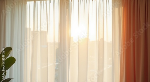Sunlight shining through a window with sheer curtains and a plant