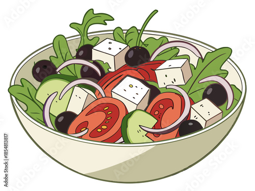 realistic luxury flat illustration of Greek salad, fresh vegetables with crisp color separation, feta cheese cubes and olives, clean flat lighting with realistic volume, premium Mediterranean food