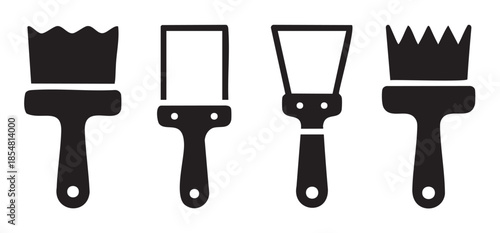 Painting tools and home improvement equipment icons set featuring various brushes, spatulas, and applicators for renovation and artistic projects.