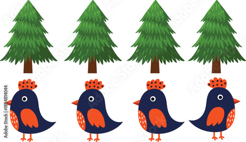 Cartoon pine trees, stylized birds illustration, educational vector art for children learning, nature elements, playful design, colorful forest animals, creative kids activity graphics