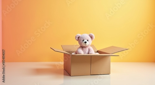 Bear sitting in a box on a table